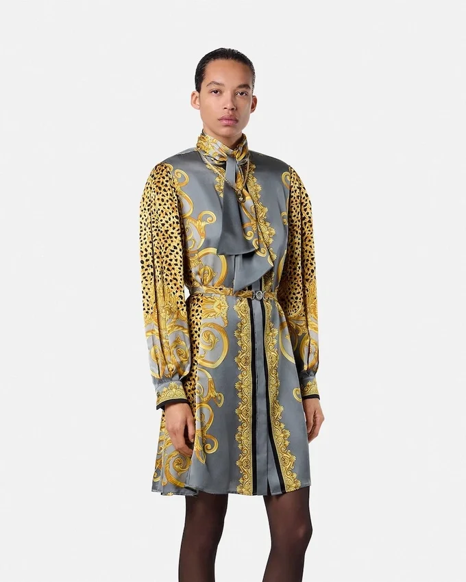 Cheetah Foulard Silk Lavallière Mini Dress Cheetah Foulard Silk Lavallière Mini Dress