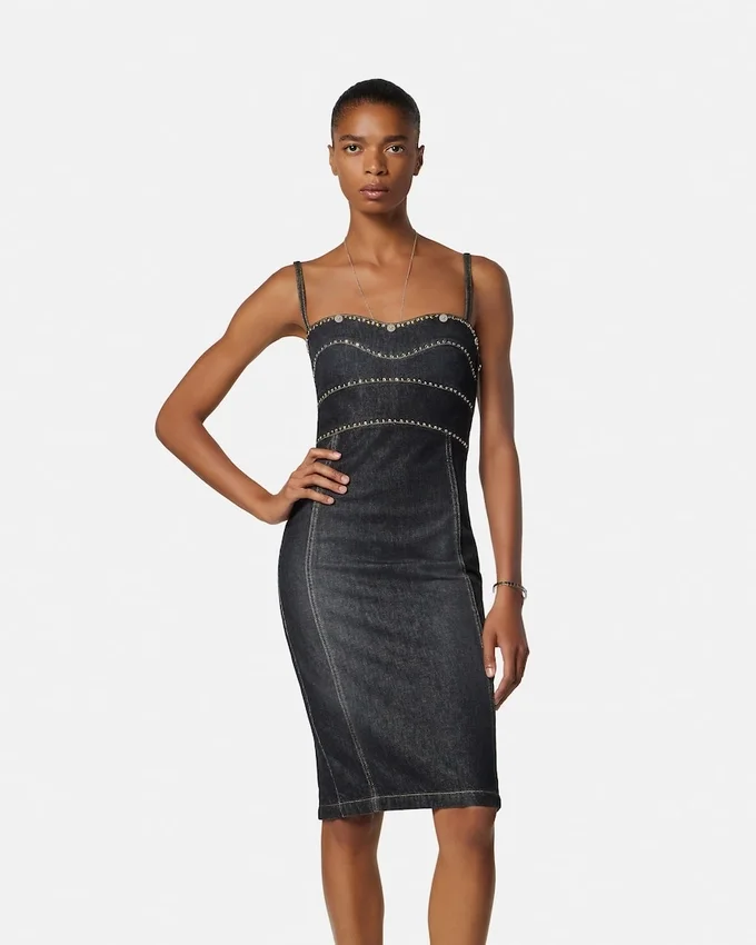 Embellished Denim Fitted Midi Dress Embellished Denim Fitted Midi Dress