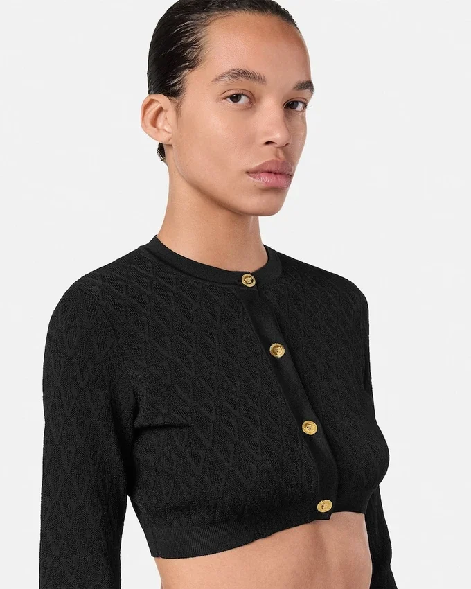 Jacquard Stretch Viscose Knit Crop Cardigan Jacquard Stretch Viscose Knit Crop Cardigan