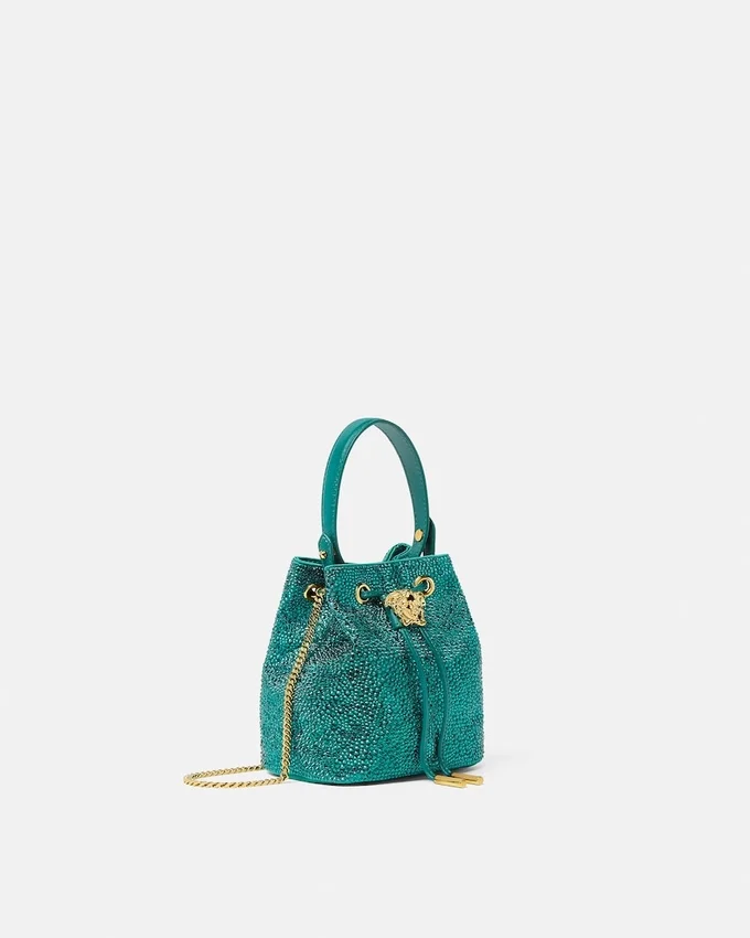 La Medusa Embellished Satin Mini Bucket Bag La Medusa Embellished Satin Mini Bucket Bag