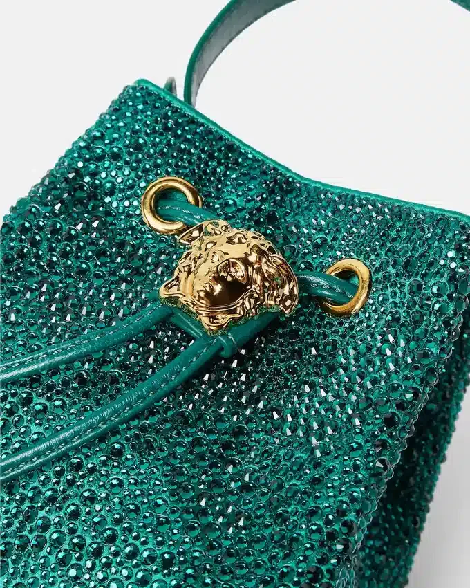 La Medusa Embellished Satin Mini Bucket Bag La Medusa Embellished Satin Mini Bucket Bag