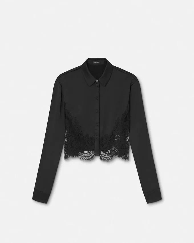 Lace-Trim Satin Crop Shirt Lace-Trim Satin Crop Shirt