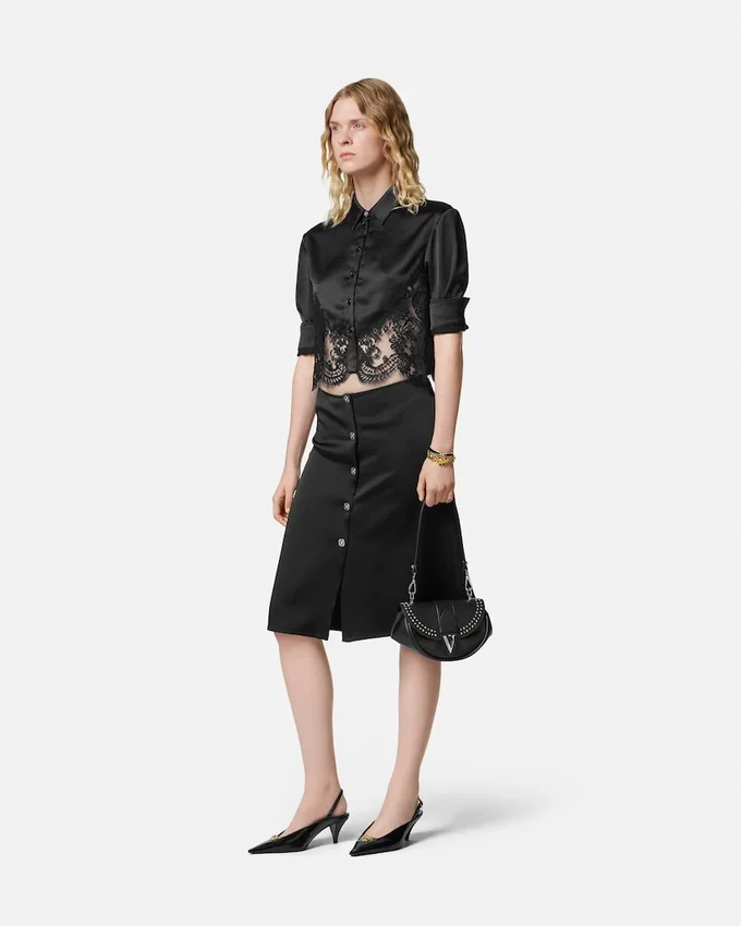 Lace-Trim Satin Crop Shirt Lace-Trim Satin Crop Shirt