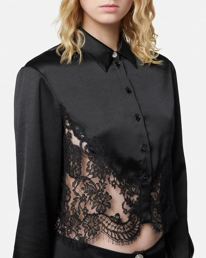 Lace-Trim Satin Crop Shirt Lace-Trim Satin Crop Shirt