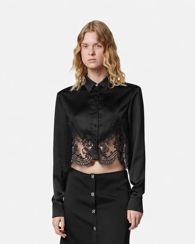 Lace-Trim Satin Crop Shirt Lace-Trim Satin Crop Shirt