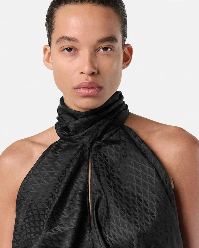 V Allover Jacquard Silk Lavallière Top V Allover Jacquard Silk Lavallière Top